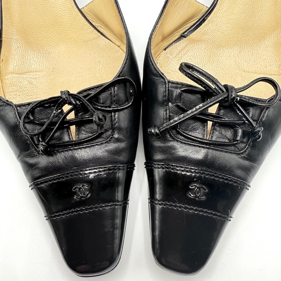 Vintage Chanel Patent Lambskin Black Leather CC Logo Ankle Buckle Slingback Heel - Picture 2 of 11